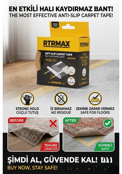 50 Mm X 5 Metre Halı Kaydırmaz Bant Çift Taraflı Güçlü Yapışkan Halı Sabitleme Bandı