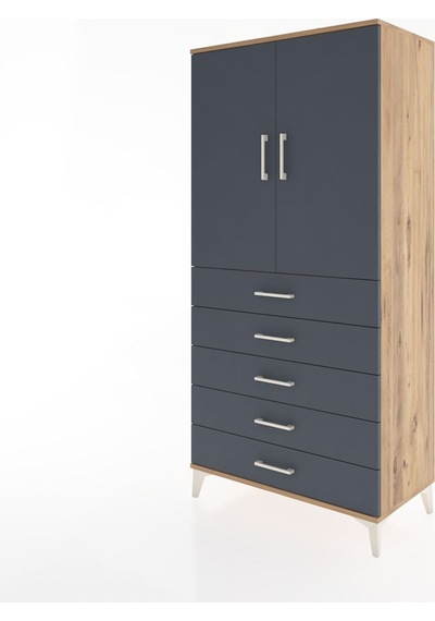 Hyperion Dolap Tek Raflı 5 Çekmeceli Tek Askılı 88x44x182 Çam-antrasit Atlas Çam
