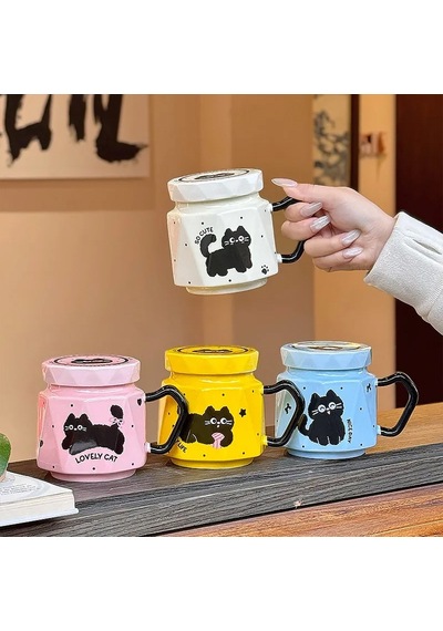3d Kedi Figürlü Kapaklı Kupa Bardak Mavi