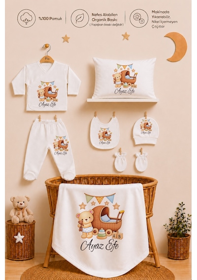 Pia Baby Erkek Bebek Yeni Doğan Hastane Çıkışı 11 Parça İsimli %100 Pamuk Organik Baskılı Set 2018113x Ekru