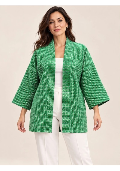 Tencelle Woman Kadın Yeşil Beyaz Desenli Şal Yaka Rahat Kesim Kimono Ceket