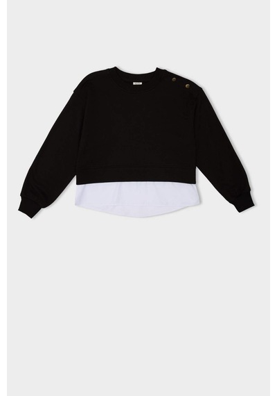 DeFacto Kız Çocuk Relax Fit Bisiklet Yaka Etek Ucu Detaylı Sweatshirt D0703A824AUBK81 Siyah