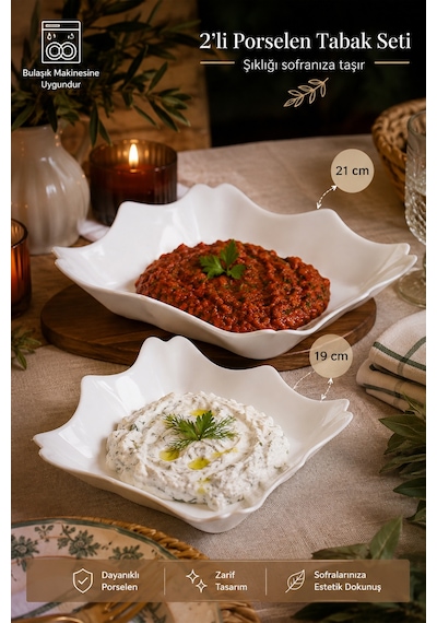 Porsima Porselen 2li Sunumluk Kahvaltılık Mini Tabak Seti 19x21cm