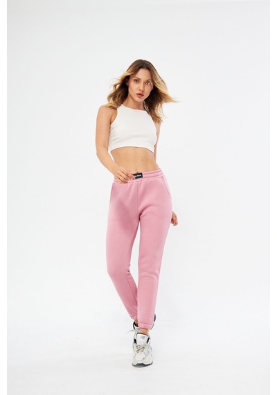 Lesa Wear Yüksel Bel Jogger Şardonlu Eşofman Altı Paçası Lastikli Pembe