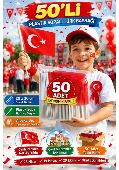 50 Li Plastik Sopalı Alpaka Bez Türk Bayrağı 20x30 Cm Okul Ve 23 Nisan Kutlamaları İçin Tek Ebat