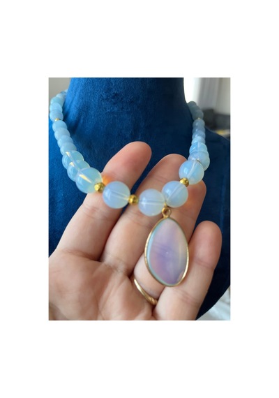 Doğal Opal & Akuamarin Taşı Kolye 52 Cm El Yapımı Tasarım Doğaltaş Kolye Mavi Mavi
