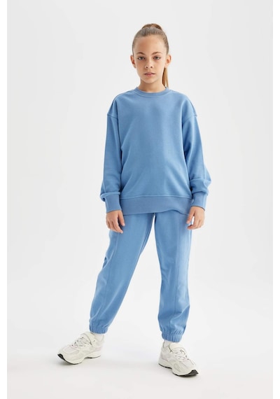 Defacto Kız Çocuk Relax Fit Bisiklet Yaka Pamuklu Basic Düz Okul Sweatshirt A2797A824AUBE756 Mavi