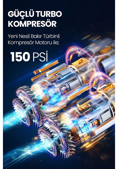 150psi Şarjlı Araç Oto Kompresörü Powerbank Led Işıklı Lastik Top Yatay Şişirme Pompası 6000mah 9624