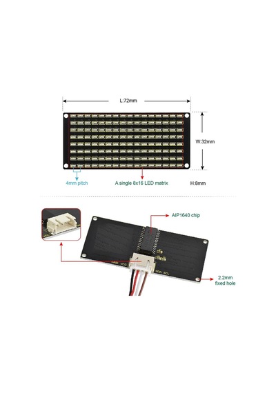 8x16 LED Nokta Matrix Modülü + PH 2.54 Konnektör + 4 Pin Kablo