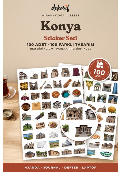 Konya Sticker Seti 100 Adet - Mevlana Türbesi Etli Ekmek Meke Gölü Gerçekçi Ajanda Journal Çıkartma Çok Renkli