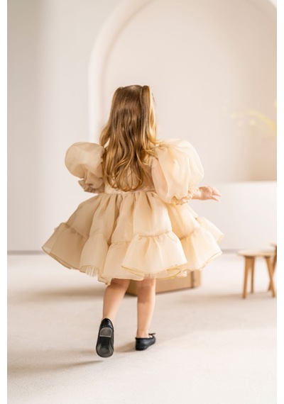 Linola Baby Kids Puffy Şifon Kız Çocuk Parti Elbisesi Bej