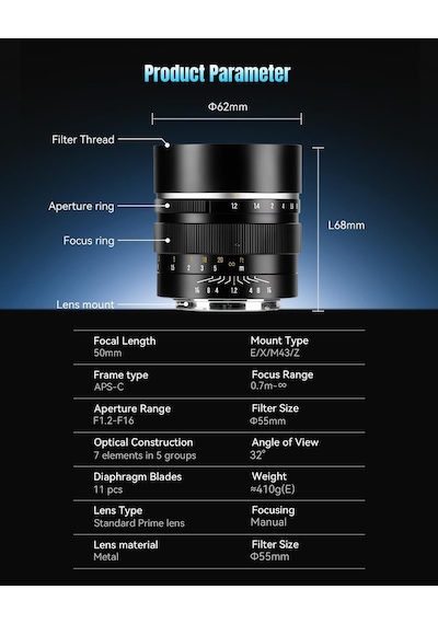 50 Mm F1.2 Aps-c Manuel Odaklama Kamera Lensi, Geniş Diyafram, Nikon Z Çerçeveli Kameralarla Uyumlu Çok Renkli