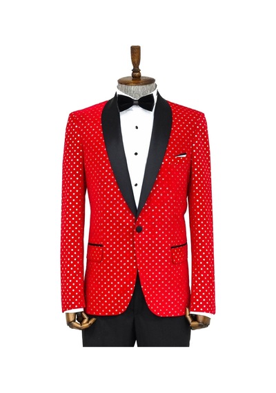 Wessi Nokta Desenli Slim Fit Kırmızı Erkek Smokin Ceket Kırmızı