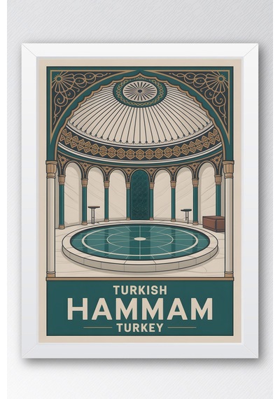 Türk Hamamı Tablo - Retro Banyo Dekoru - Geleneksel Hamam Kültürü Serisi - Çerçeveli Duvar Posteri Beyaz