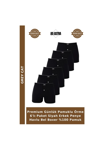 Grey Cat Premium Günlük Pamuklu Örme 6'lı Paket Siyah Erkek Penye Havlu Bel Boxer %100 Pamuk