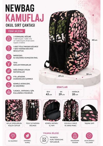 Newbag Kamuflaj Kız Okul Sırt Çantası Yeni Sezon - Pembe Kamuflaj