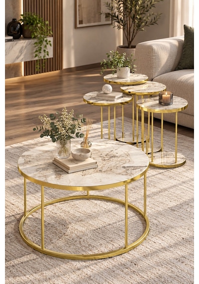 Sulorahome Efes Beyaz Mermer Desenli Gold Metal Ayaklı 4'lü Sehpa Seti Tablalar Beyaz Mermer / Ayaklar Gold