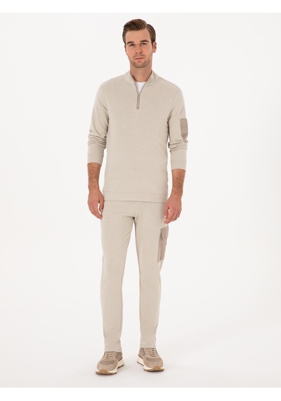 Bej Regular Fit Yarım Fermuarlı Sweatshirt