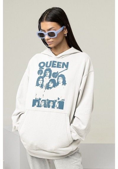 Queen Müzik Grubu Baskılı Unisex Oversize Hoodie Beyaz