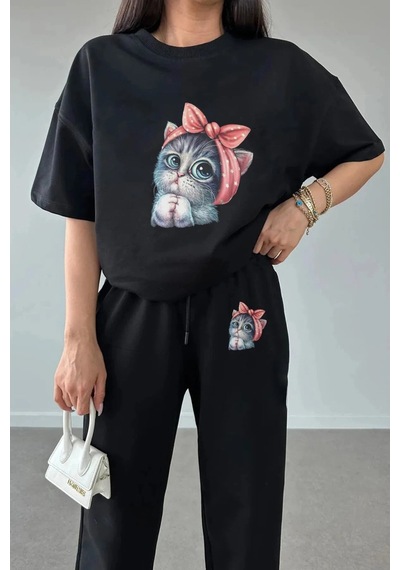 Tarzsokak Sevimli Minik Kedi Eşofman Altı Ve T-shirt - Jogger Tişört Alt Üst Eşofman Takımı B Siyah