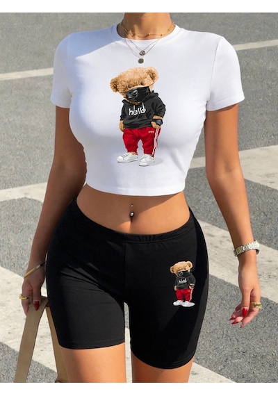 Tarzsokak Yaz Ayı Maskesi Giyen Baskılı Kırpma T-shirt Şort Kadın İki Parçalı Set Üstleri Pantolon Yüks Beyaz