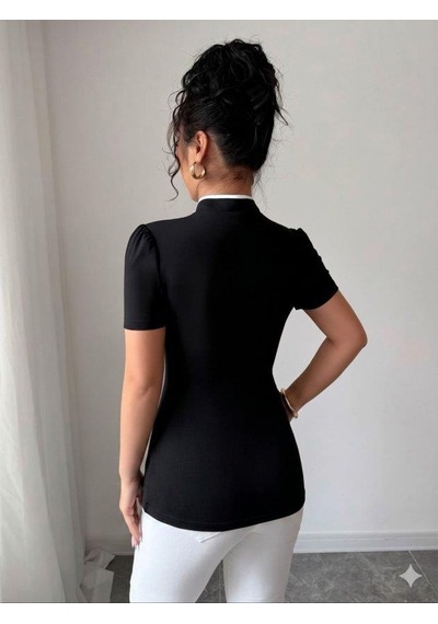 Mareandpanda Kadın Beyaz Şerit Detaylı Dar Kesim Dik Yaka Bluz SIYAH