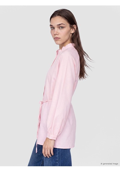 Lcw Modest Pembe Hakim Yaka Beli Kuşaklı Çizgili Kadın Gömlek Tunik