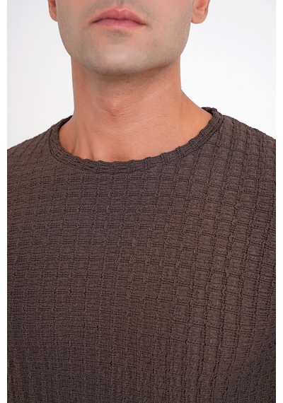 Efor Slim Fit Esnek Pamuklu Dokulu Kumaş Uzun Kollu Kahverengi Tişört Ts 934