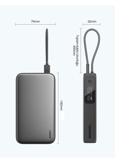 Aukey Pb-y48-gy 100w 20000 Mah Pd Destekli Dahili Type-c Kablolu Powerbank - Gri
