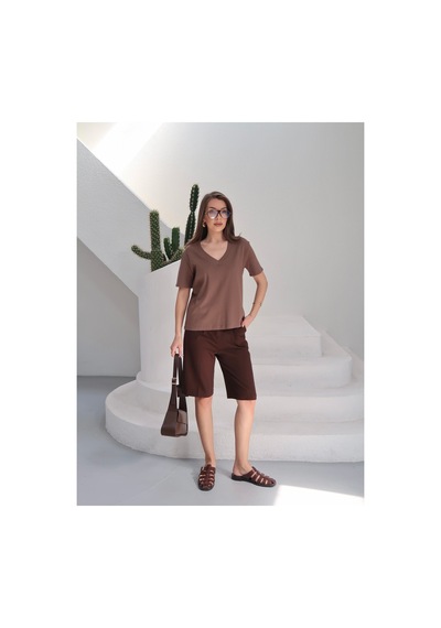 Paw Garage Kadın Massi İnterlok Kumaş V Yaka Oversize T-shirt Kahverengi