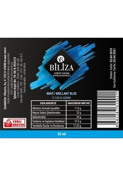 Biliza Sıvı Gıda Boyası Mavi 30 ML