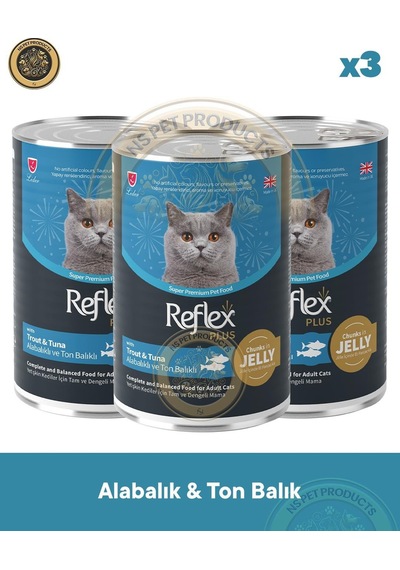 Reflex Plus Jöle İçinde Et Parçacıklı Alabalıklı Ve Ton Balıklı Yetişkin Kedi Maması 3x400gr