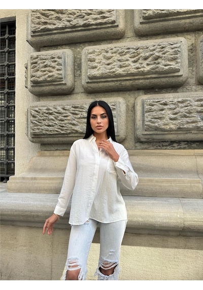 WeShaya Beyaz Oversize Kırışık %100 Polyester Gömlek Beyaz