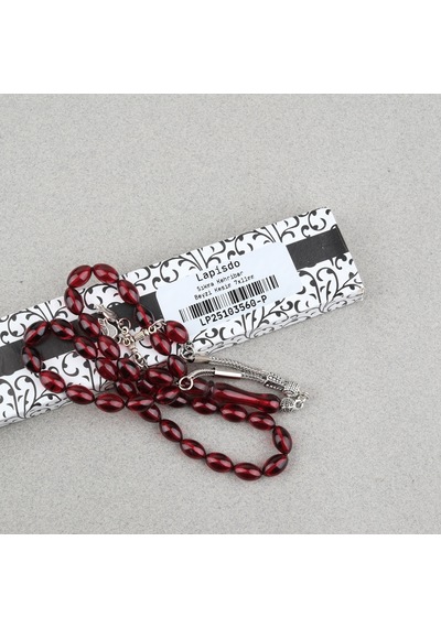 Sıkma Kehribar Beyzi Kesim Alpaka Püsküllü 7x11mm Tesbih Kırmızı
