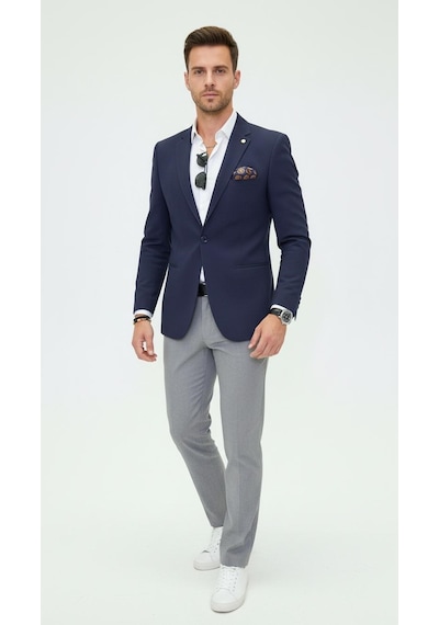 Plus Scorpion Erkek Lacivert Mono Yaka Likralı Blazer Ceket Esnek Konfor Kumaş, Tek Düğmeli Slim Fit Lacivert