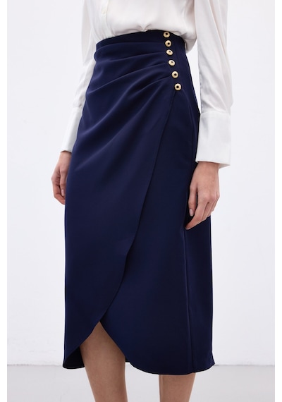 Sateen Düğme Detaylı Kalem Etek - Lacivert-136779 Lacivert
