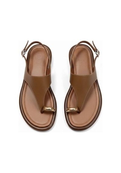Ne&ve Shoes Taba Hakiki Deri Aksesuar Detaylı Parmak Arası Kadın Arkadan Tokalı Sandalet