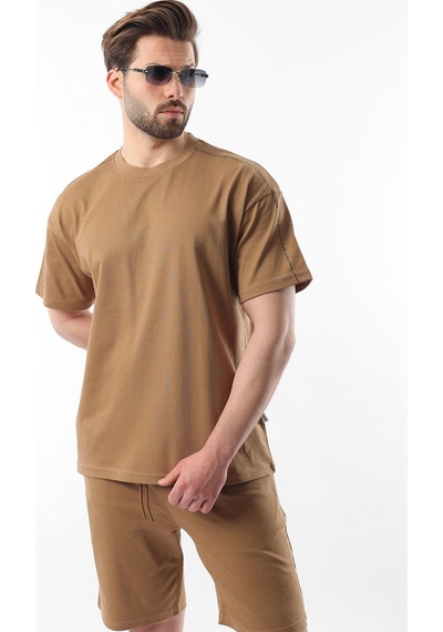 Madmext Kapüçino Overfit Baskılı Erkek Şort T-shirt Takım E7302 Kapuçino Sütlü Kahverengi