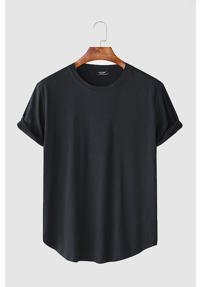 Erkek Antrasit Kolları Katlı Oval Kesim Cepsiz Bisiklet Yaka T-shirt Antrasit