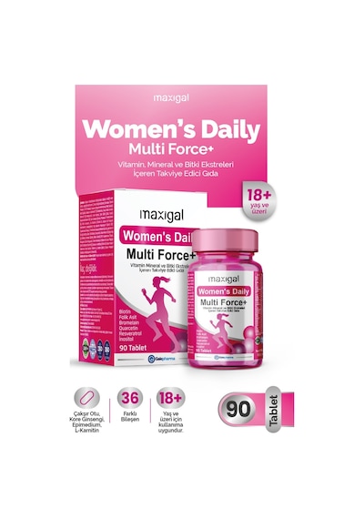 Maxigal Women's Daily Multi Force + Vitamin, Mineral Ve Bitki Ekstreleri İçeren Takviye Edici Gıda 90 Tablet