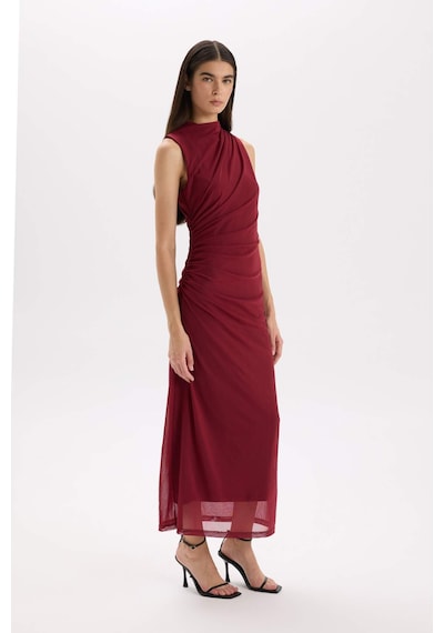 DeFacto Bodycon Vücudu Saran Yarım Balıkçı Yaka Basic Düz Tül Kolsuz Maxi Elbise C3519AX24AUBR248 Bordo