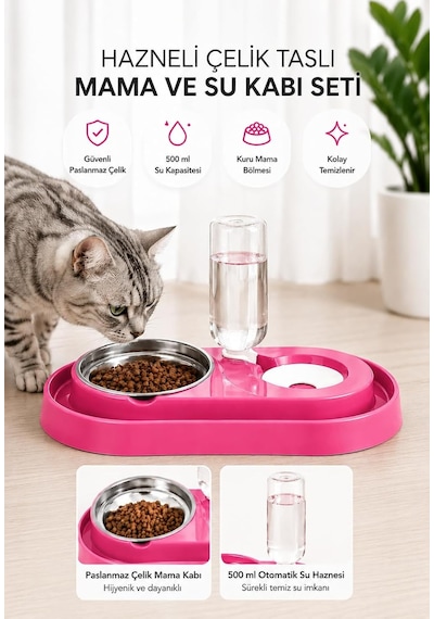Tr Hazneli Kedi-köpek Mama Ve Su Kabı Seti 500ml Fuşya