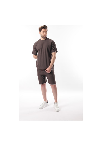 Madmext Kahverengi Nakış Detaylı Erkek Şort T-shirt Takım E7305 Kahverengi
