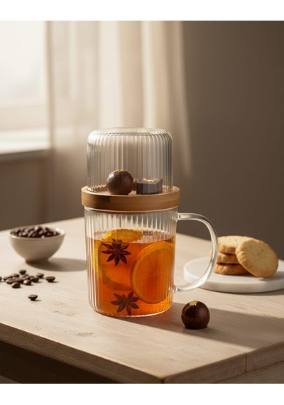 Sunum Fanuslu Bambu Kapaklı Şık Cam Kupa Seti 300ml Cam - Şeffaf