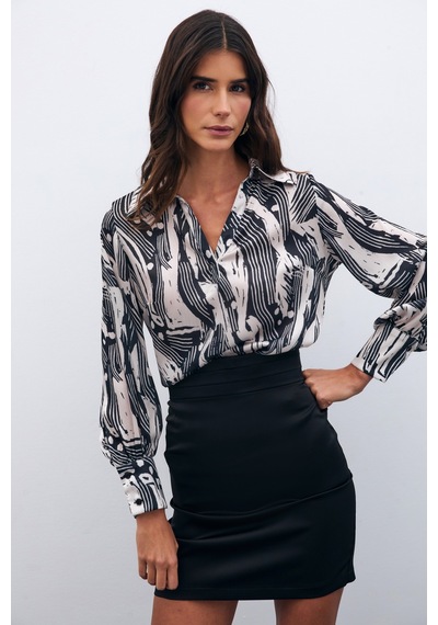 Sateen Gömlek Yaka Bluz - Siyah-135569 Siyah
