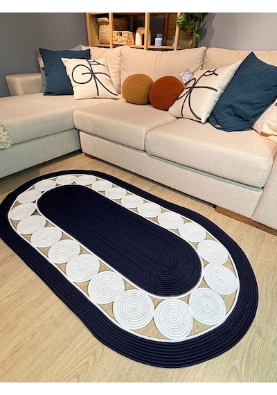 Mavaux Cookie Jüt Hasırlı El Örgüsü Kilim Lacivert - Beyaz