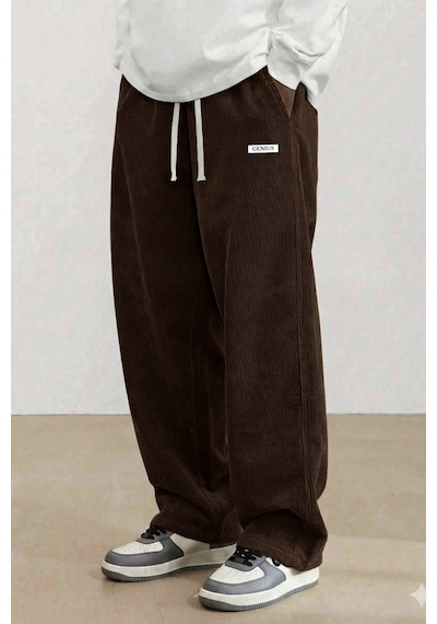 Genius Store Genıus Erkek Pantolon Fitilli Kadife Bol Paça Oversize Pantolon Kahverengi