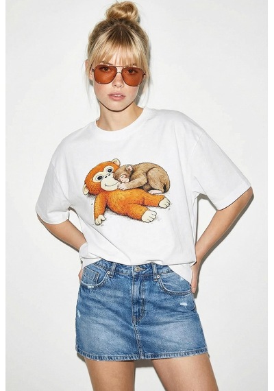 Shade Kadın Pamuklu Bisiklet Yaka Maymun Punch Baskılı Oversize T-shirt Öt261036 60286078 - Beyaz Standart