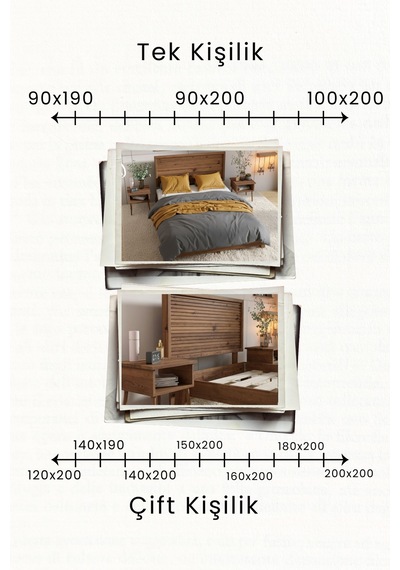 Ebruli Yatay Başlıklı Masif Ahşap Karyola Ve 2 Ceviz 90x200