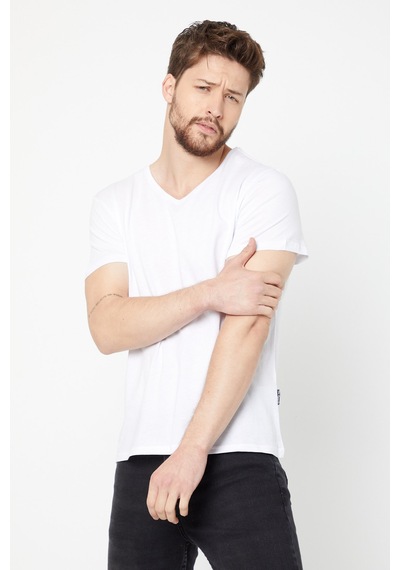 Erkek Indigo %100 Pamuk Basıc Regular Fit Pamuklu Kısa Kollu V Yaka T-shirt Beyaz